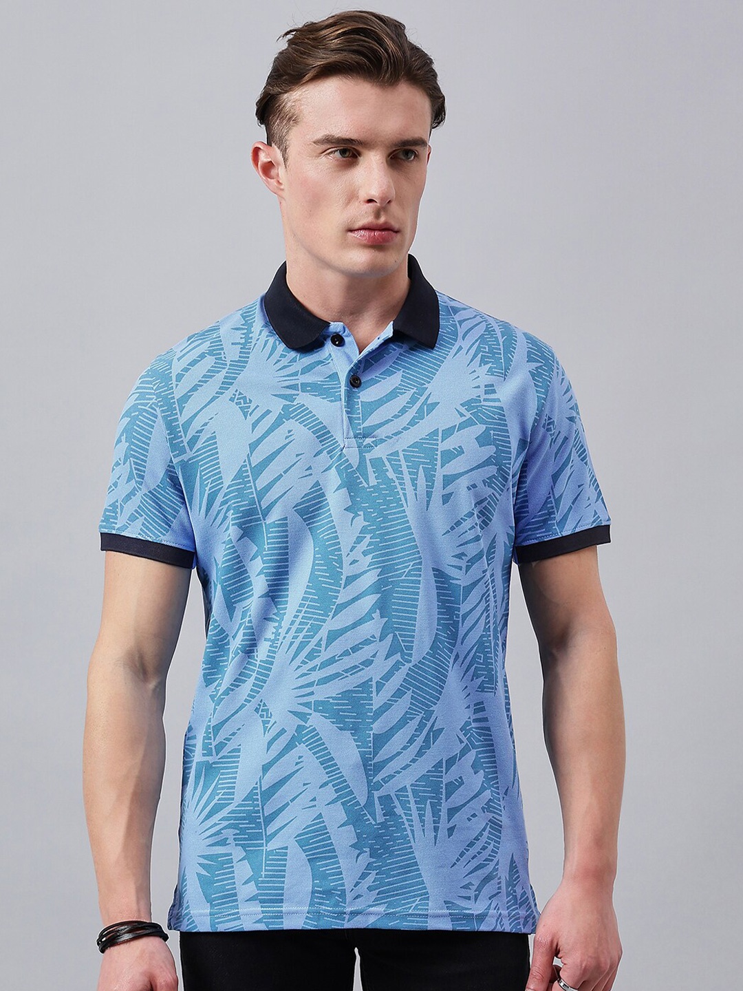 98 Degree North Tropical Printed Polo Collar Cotton T-shirt, Blue