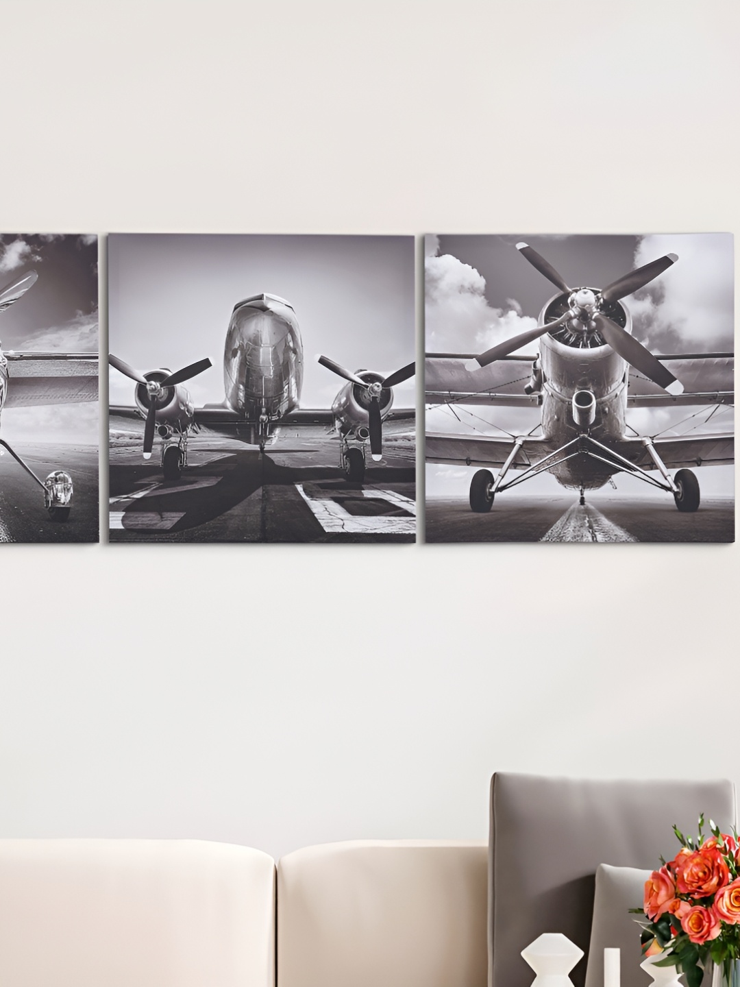 Home Centre Black & White 3 Pieces Canvas Aeroplane Wall Art