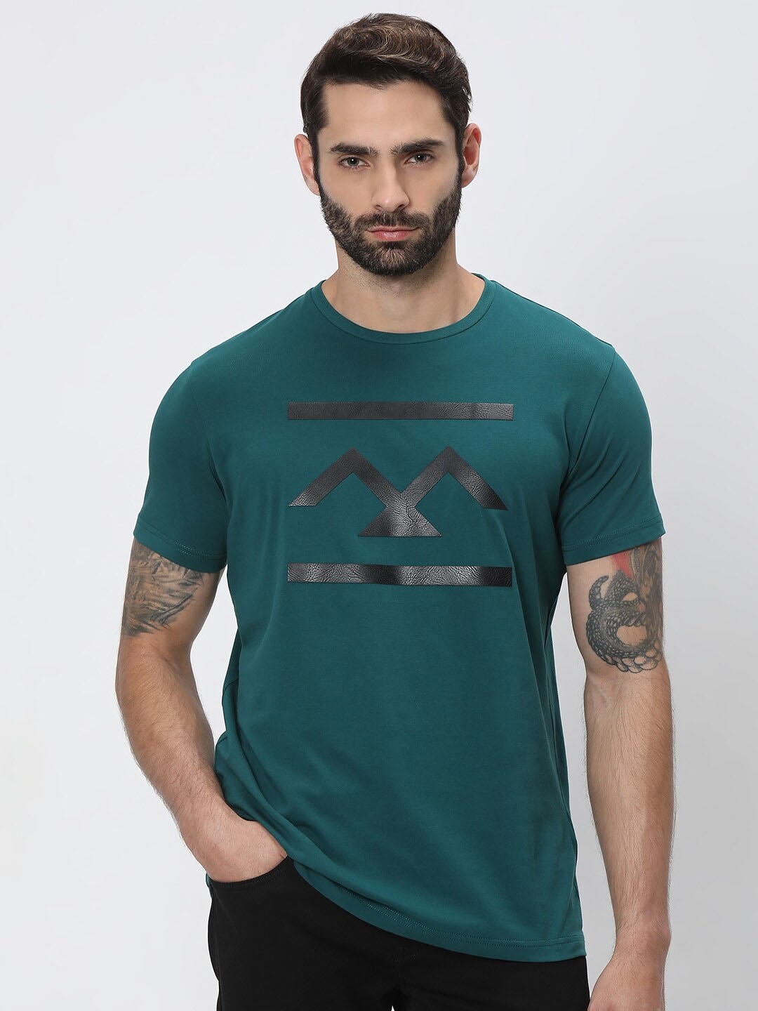 

Mufti Geometric Printed Round Neck Slim Fit T-shirt, Teal