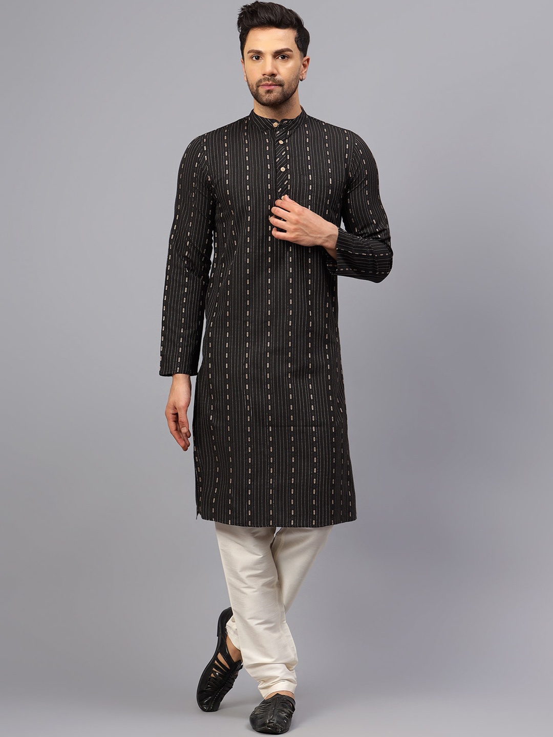 

Latest Chikan Garments Mandarin Collar Striped A-Line Kurta, Black