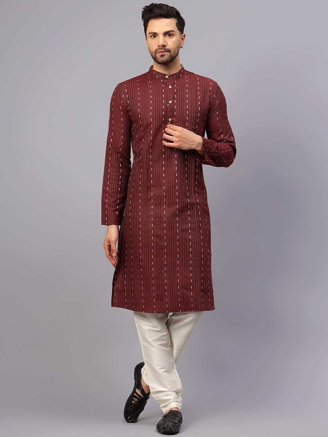 

Latest Chikan Garments Mandarin Collar Striped A-Line Kurta, Maroon