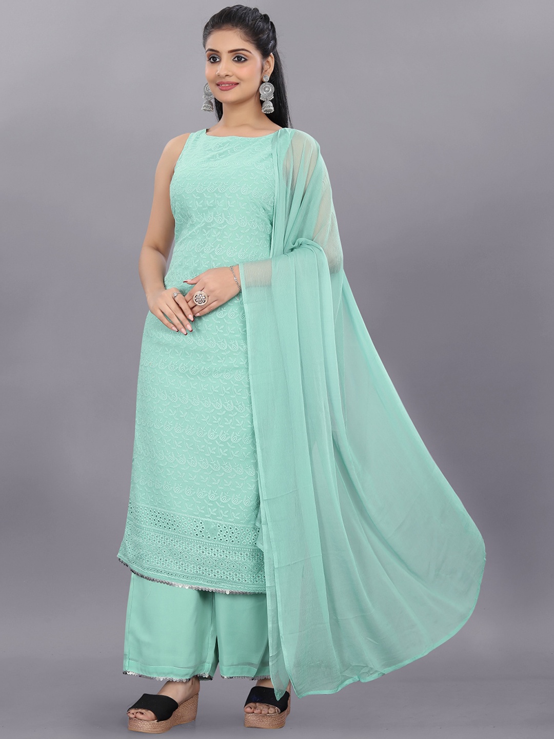

Anouk Sea Green Floral Embroidered Regular Chikankari Kurta With Palazzos & Dupatta