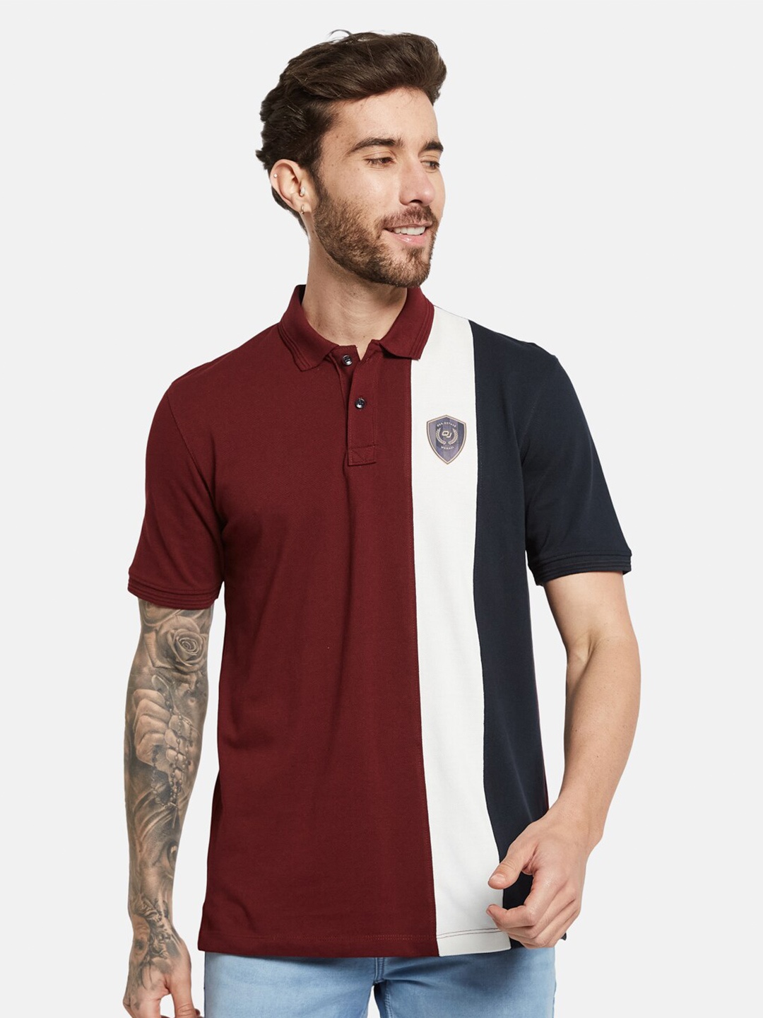 

Octave Colourblocked Polo Collar Cotton T-shirt, Maroon