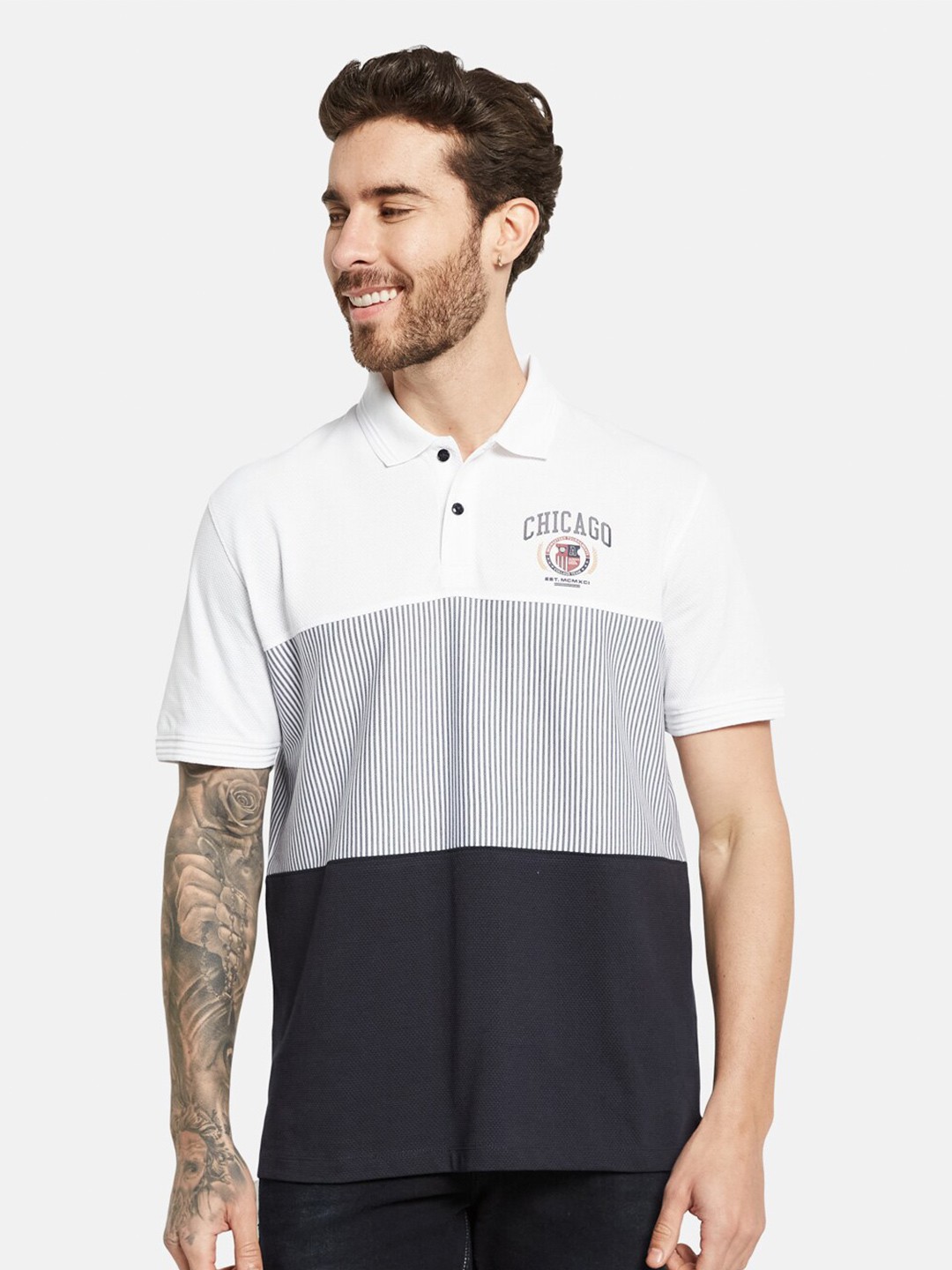 

Octave Colourblocked Polo Collar Cotton T-shirt, White
