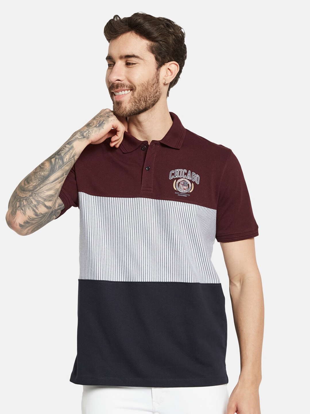 

Octave Polo Collar Colourblocked Cotton T-shirt, Maroon