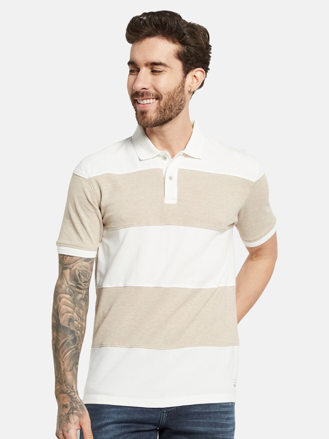 

Octave Striped Polo Collar Cotton T-shirt, Beige