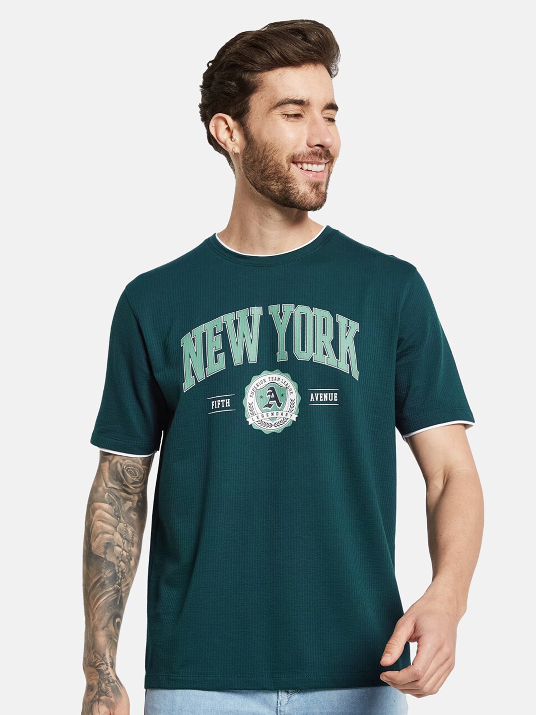 

Octave Typography Printed Round Neck Cotton T-shirt, Green