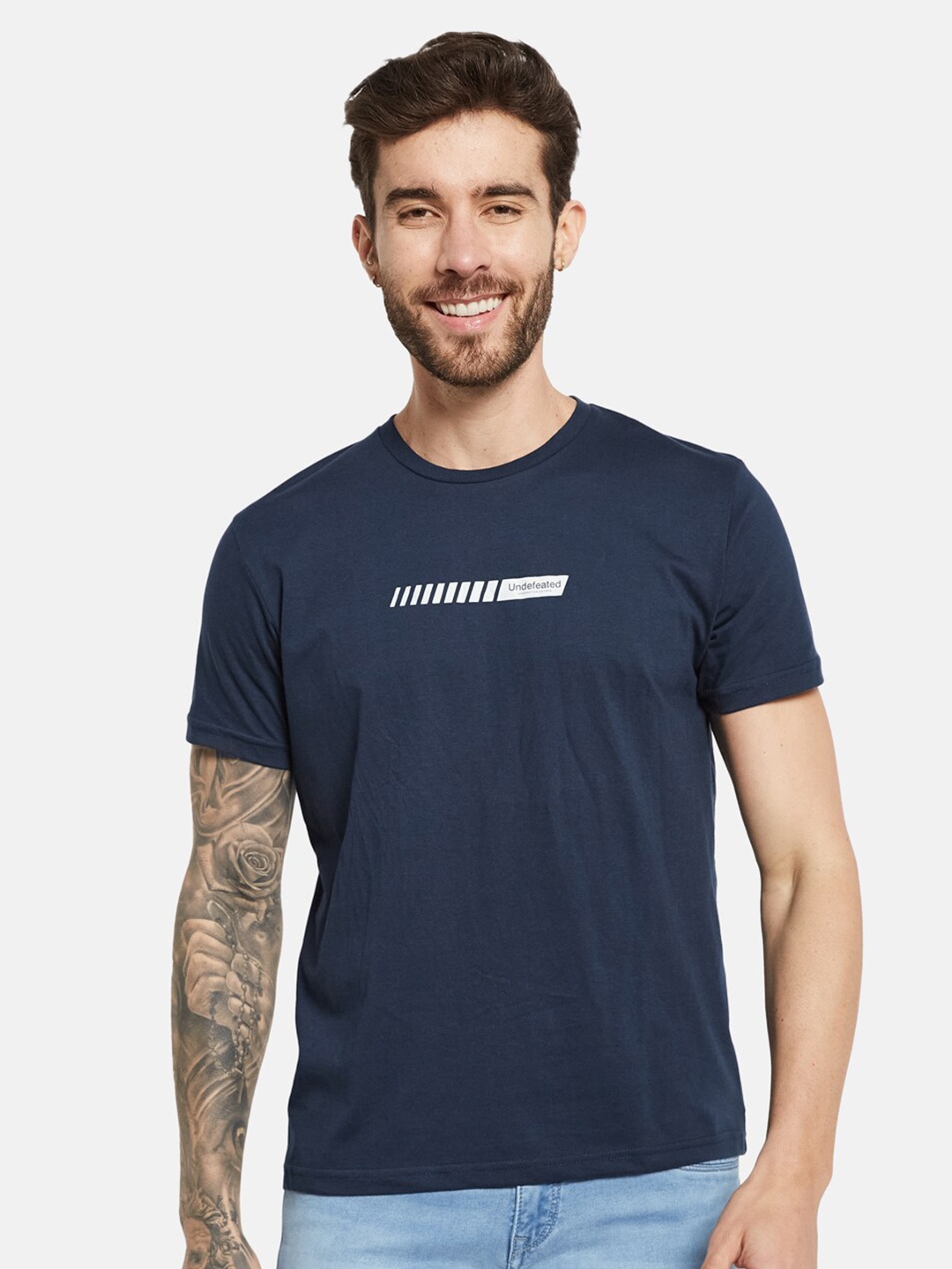 

Octave Men Typography Printed Round Neck Short Sleeves Cotton T-shirt, Blue