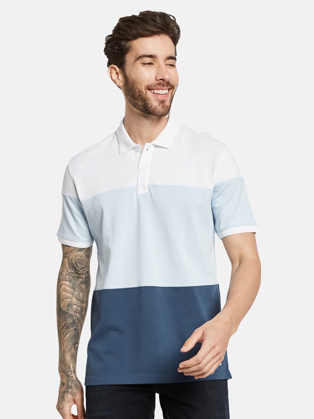 

Octave Colourblocked Short Sleeves Polo Collar Cotton T-shirt, Blue