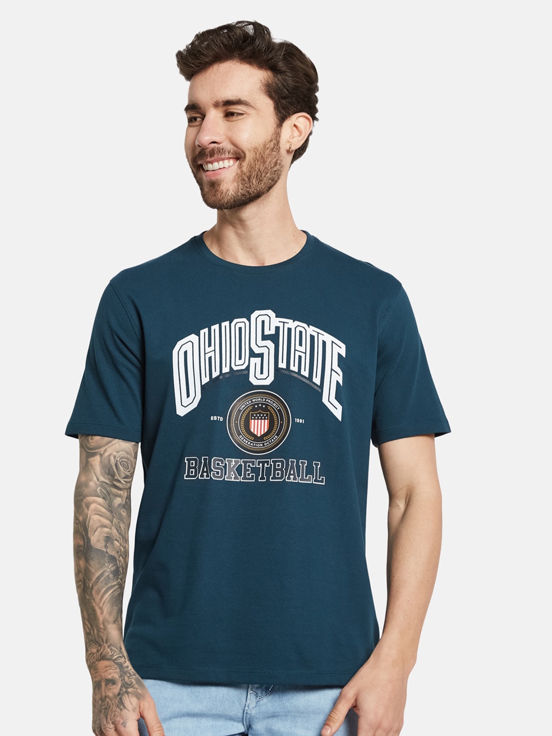 

Octave Typography Printed Round Neck Short Sleeves Cotton T-shirt, Green