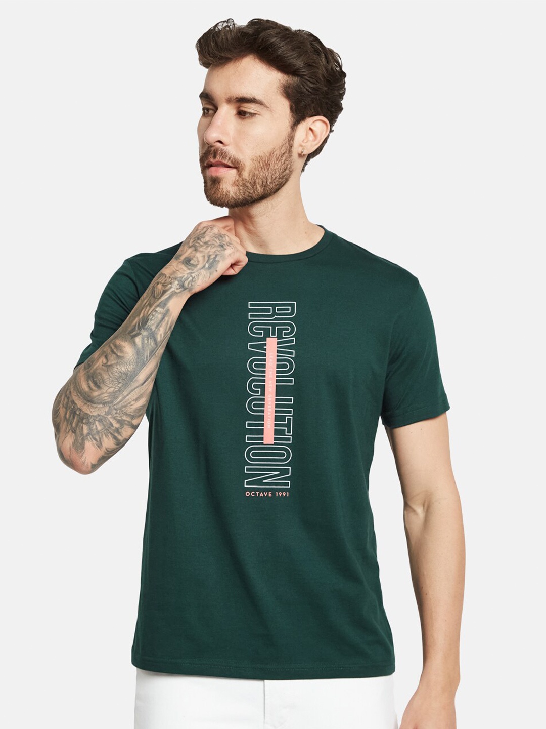 Octave Men Typography Printed Round Neck Short Sleeves Cotton T-shirt, Green