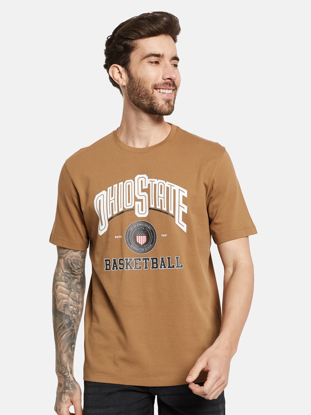 

Octave Graphic Printed Round Neck Short Sleeves Cotton T-shirt, Brown