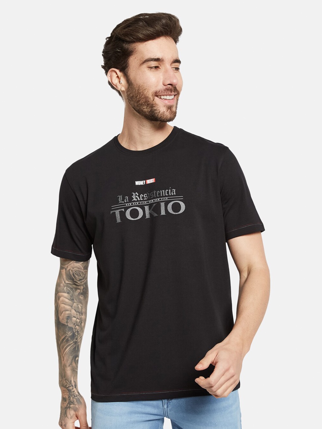 

Octave Typography Printed Round Neck Short Sleeves Cotton T-shirt, Black