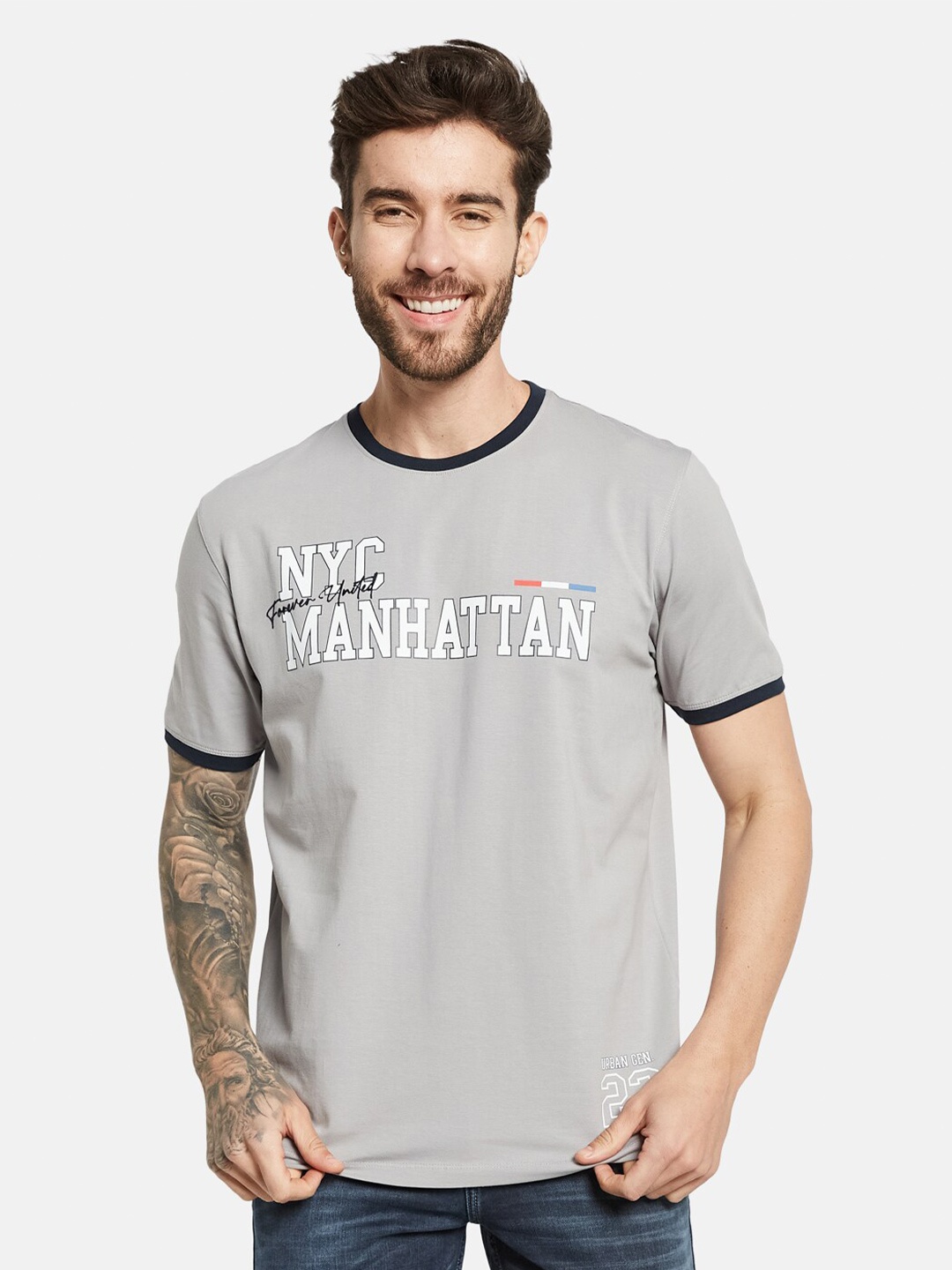 Octave Typography Printed Round Neck Short Sleeves Cotton T-shirt, Grey