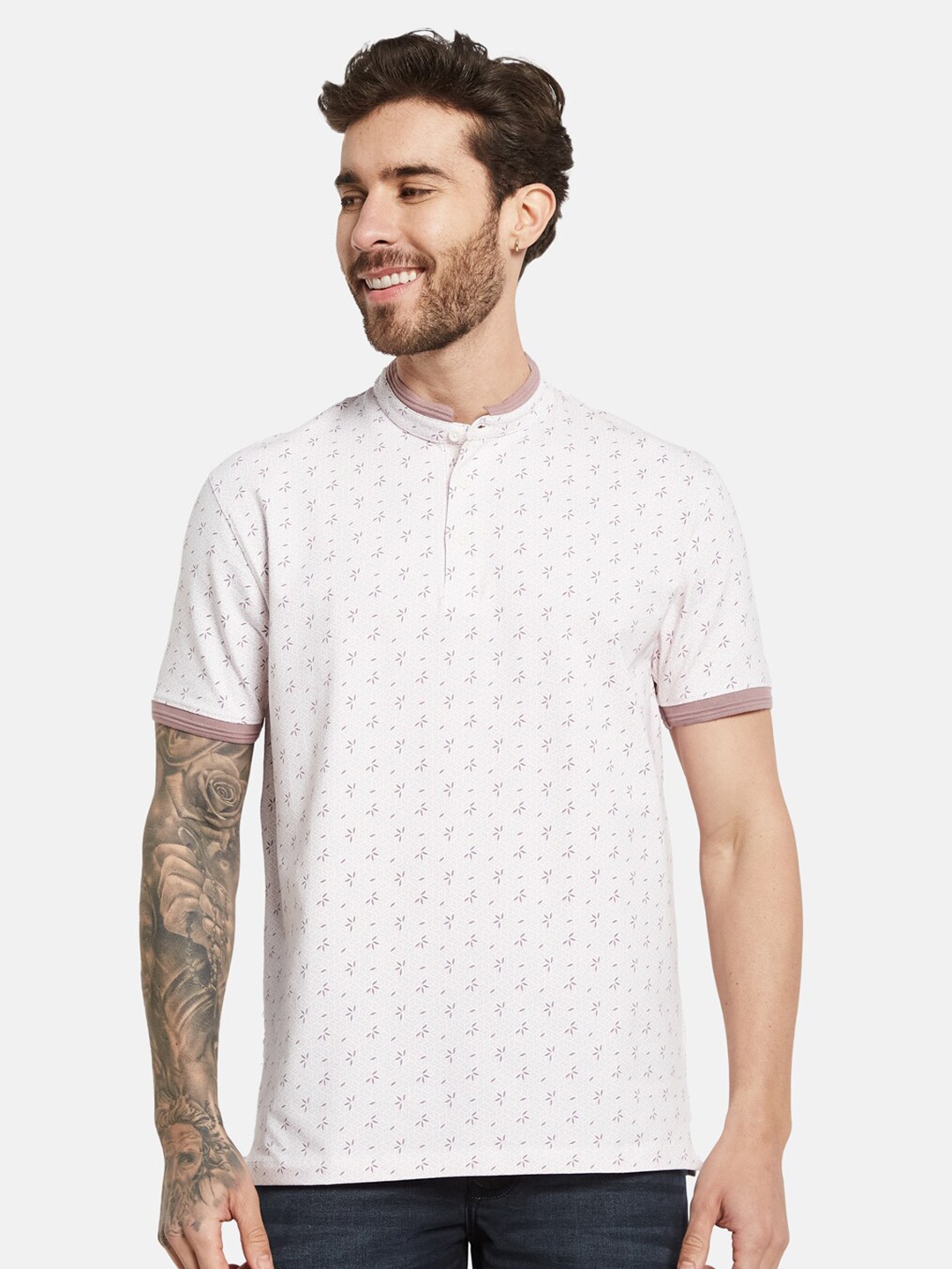 

Octave Printed Mandarin Collar Cotton T-shirt, Pink