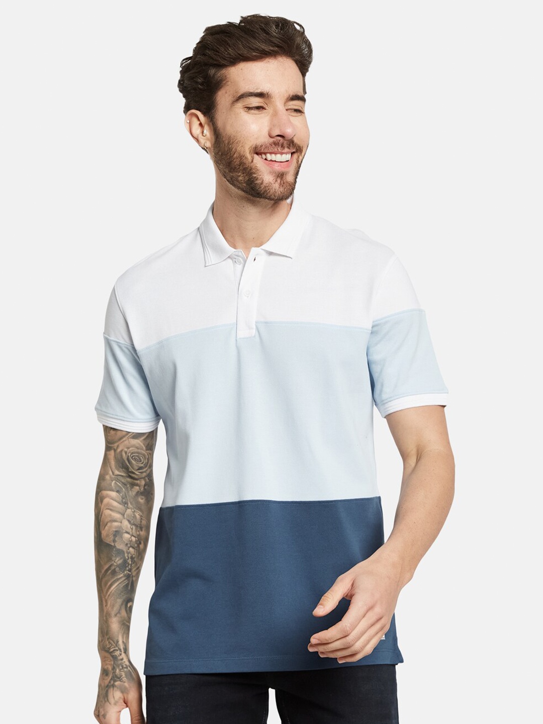 

Octave Colourblocked Polo Collar Cotton T-shirt, Blue