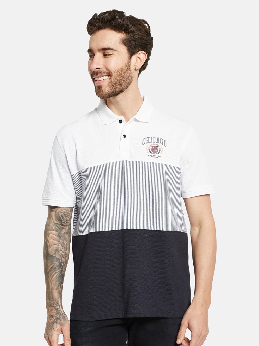

Octave Colourblocked Polo Collar Short Sleeves Cotton T-shirt, White