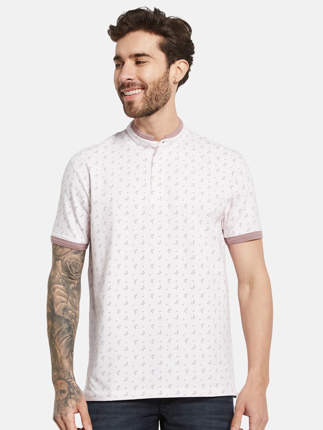 

Octave Printed Mandarin Collar Short Sleeves Cotton T-shirt, Pink