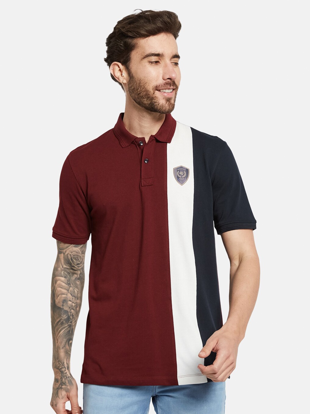 

Octave Striped Polo Collar Short Sleeves Cotton T-shirt, Maroon