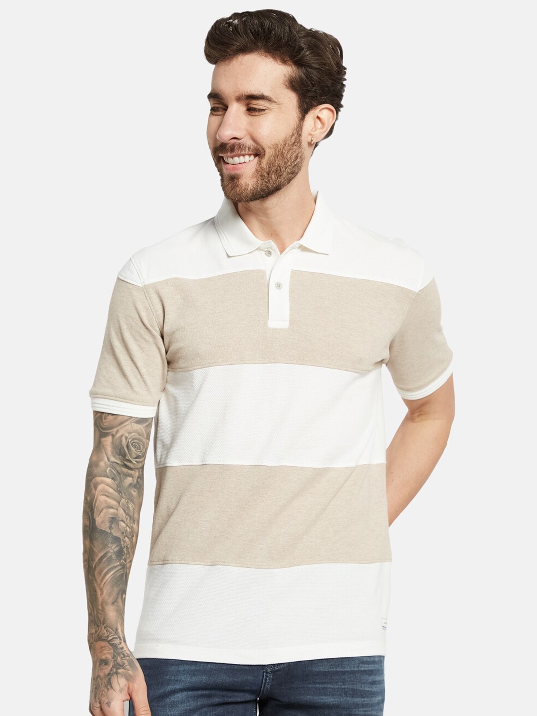 

Octave Striped Polo Collar Short Sleeves Cotton T-shirt, Beige