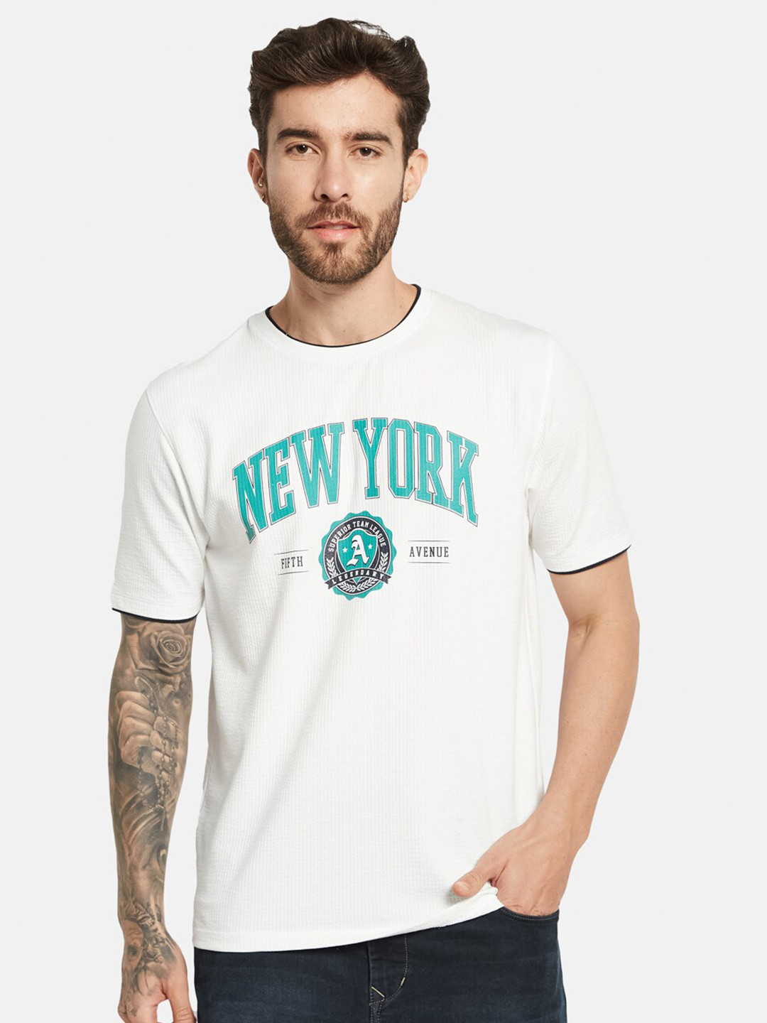 

Octave Typography Printed Round Neck Short Sleeves Cotton T-shirt, White