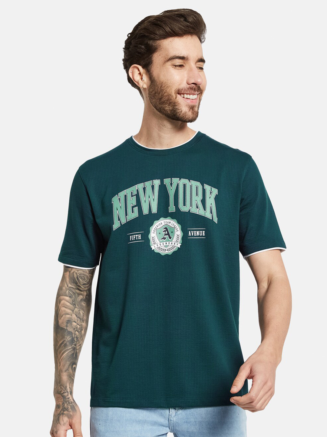 

Octave Typography Printed Round Neck Short Sleeves Cotton T-shirt, Green