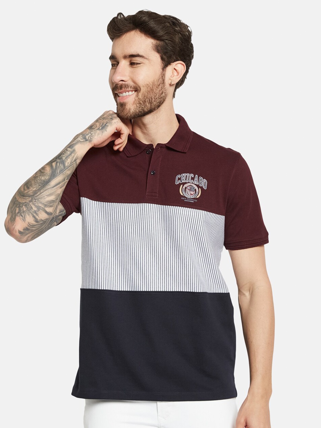 

Octave Colourblocked Polo Collar Cotton T-shirt, Maroon