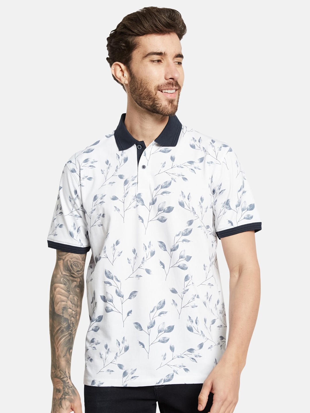 

Octave Floral Printed Polo Collar Cotton T-shirt, White