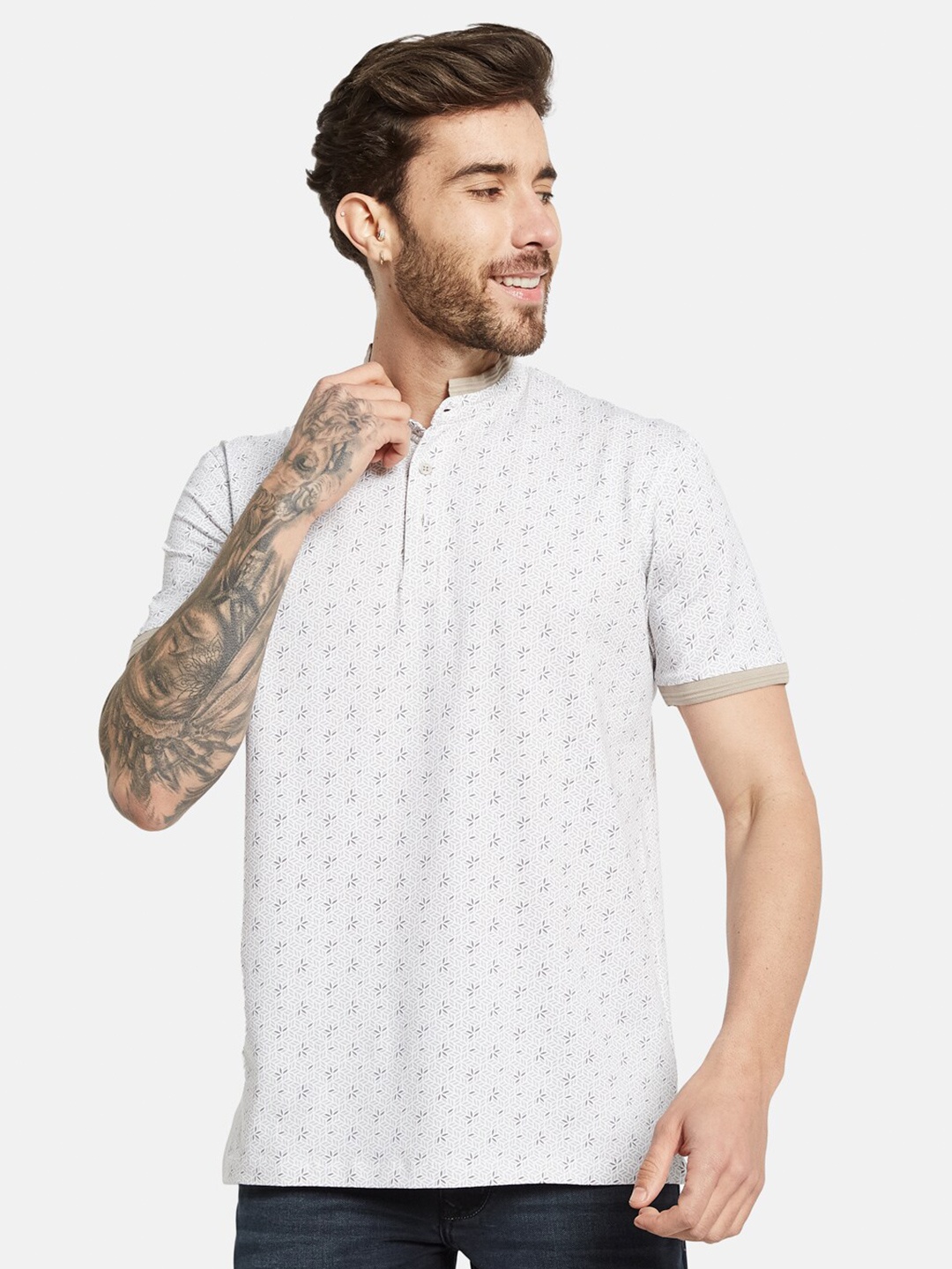 

Octave Floral Printed Mandarin Collar Cotton T-shirt, White