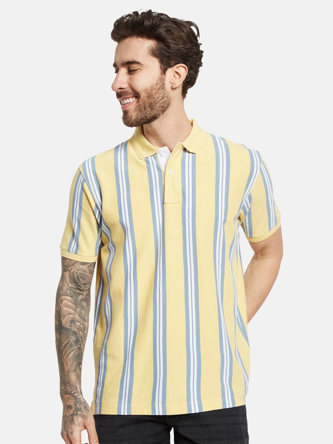 

Octave Striped Polo Collar Cotton T-shirt, Yellow