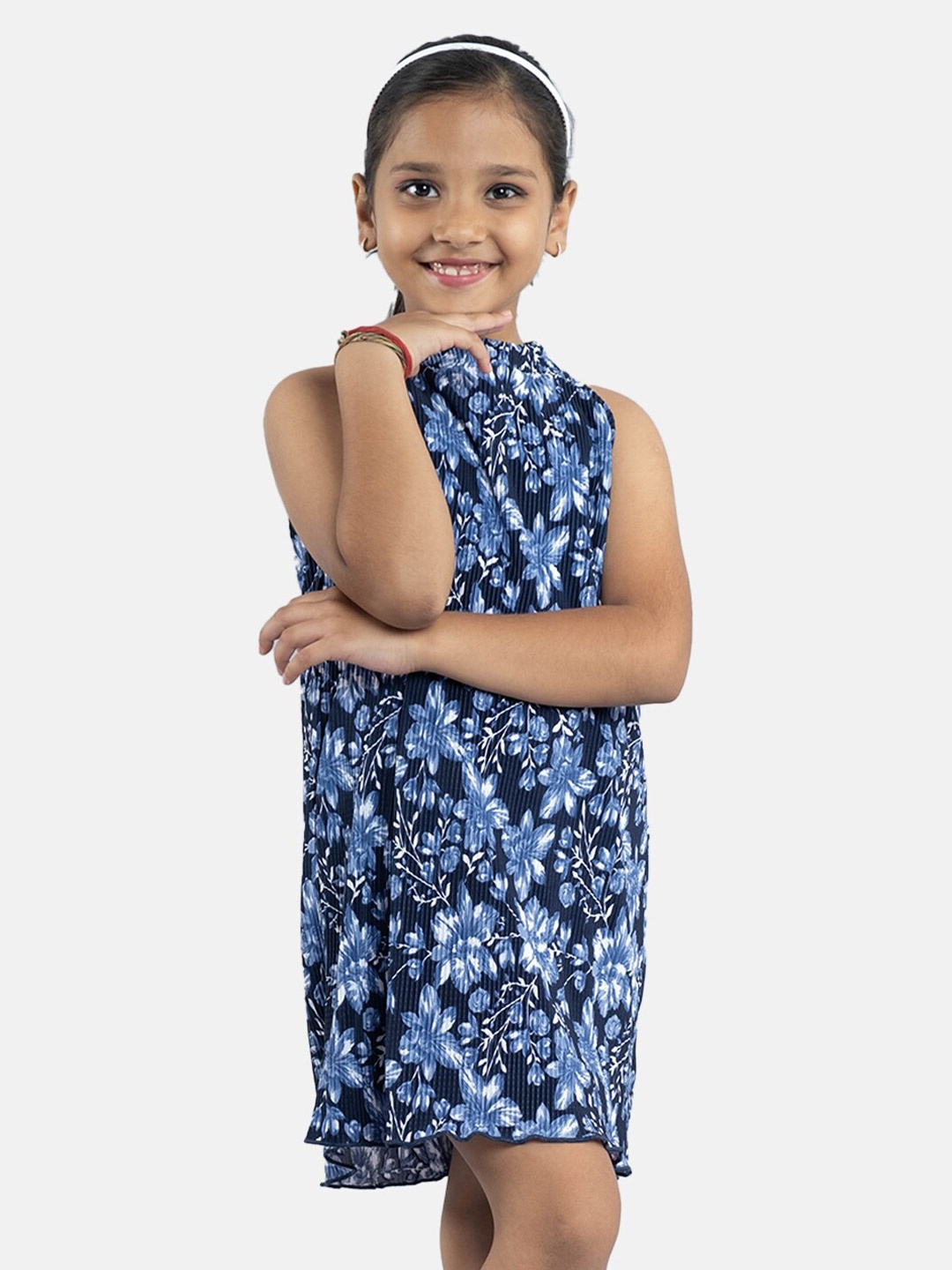 

KiddoPanti Girls Floral Printed Halter Neck A-Line Dress, Navy blue