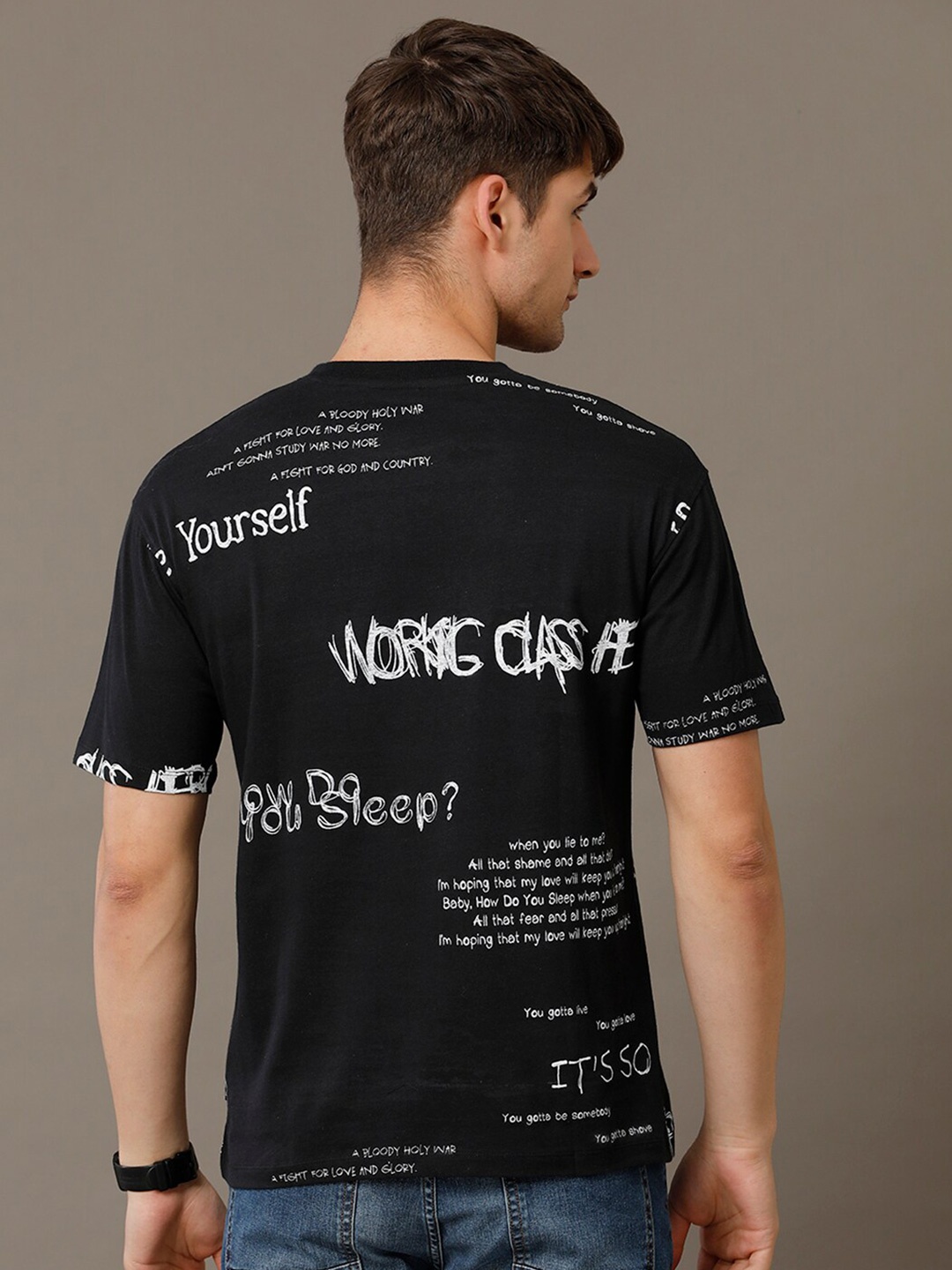 Voi Jeans Typography Printed Cotton Boxy T-shirt, Black
