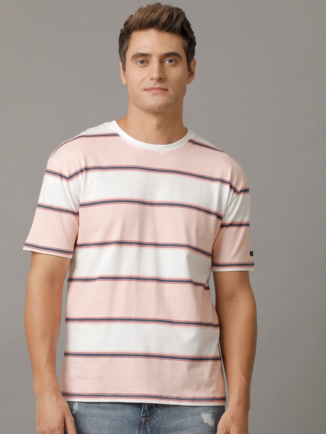 

Voi Jeans Striped Cotton Boxy Fit T-shirt, Pink