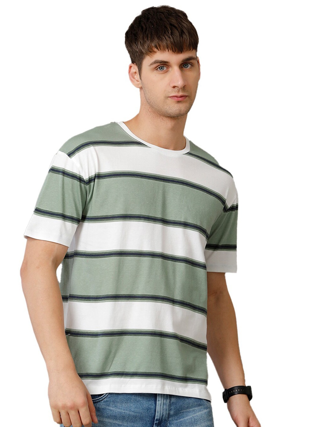 

Voi Jeans Striped Cotton Boxy Fit T-shirt, Green