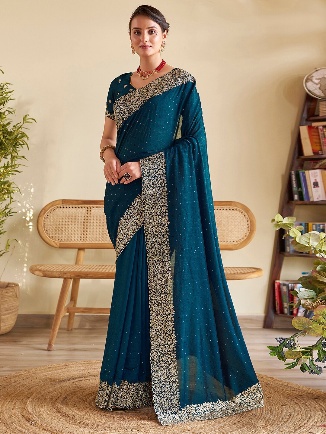 

Satrani Embellished Beads and Stones Saree, Blue
