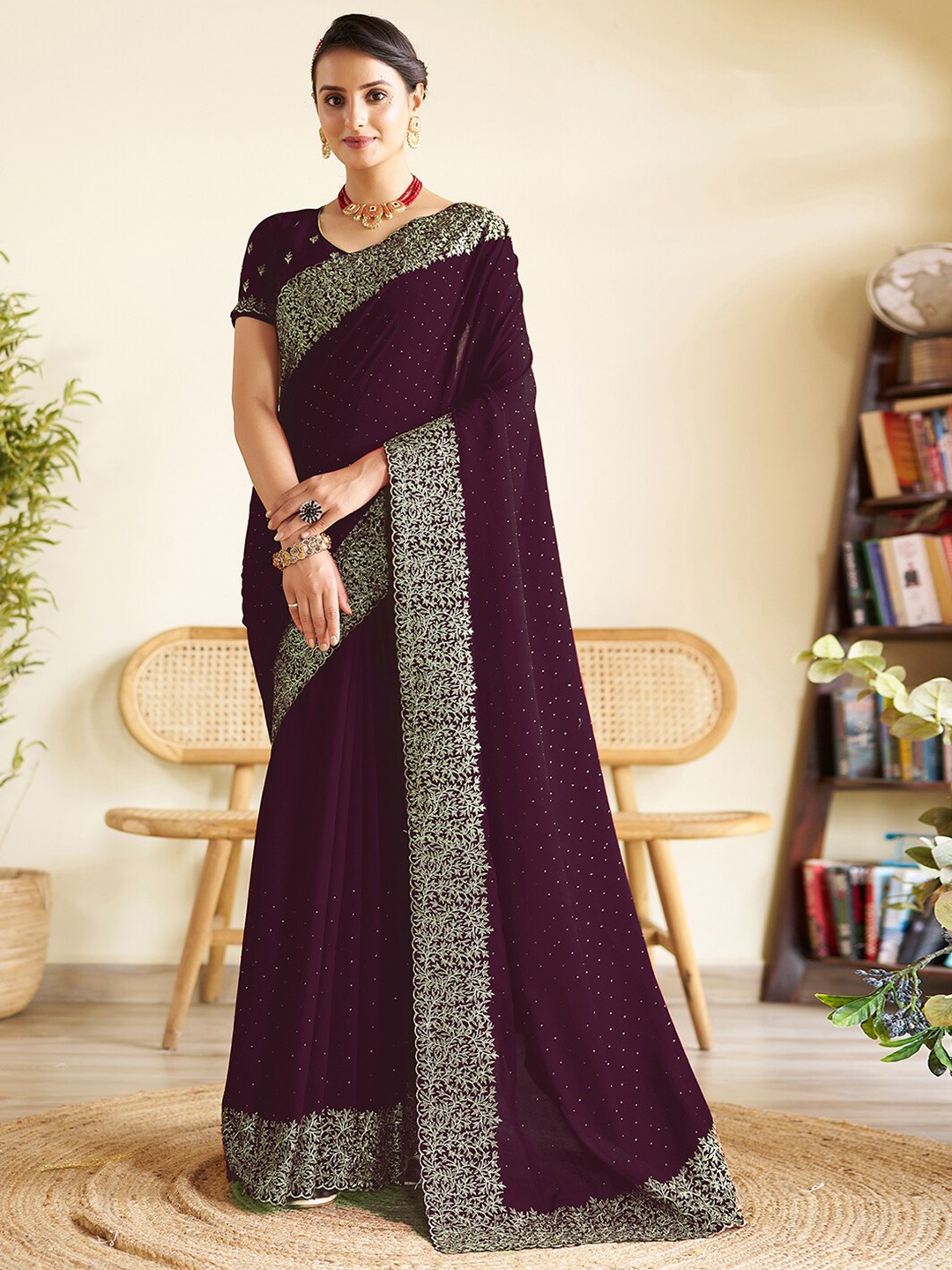 

Satrani Embellished Beads and Stones Saree, Purple