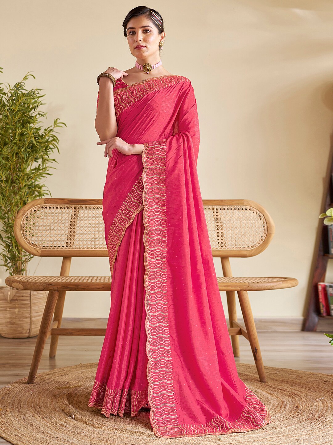 

Satrani Embellished Beads and Stones Saree, Pink