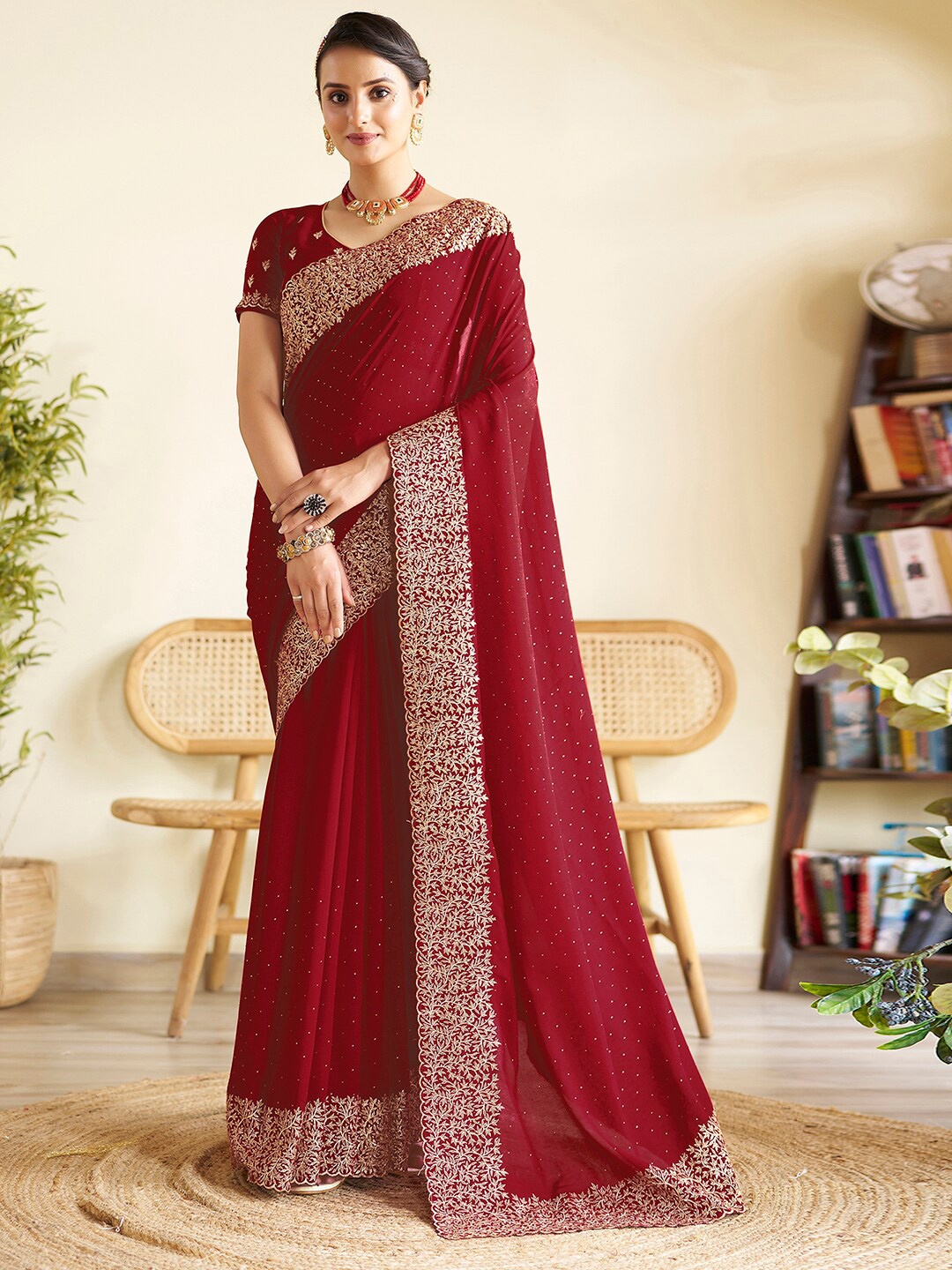 

Satrani Embellished Beads and Stones Saree, Red
