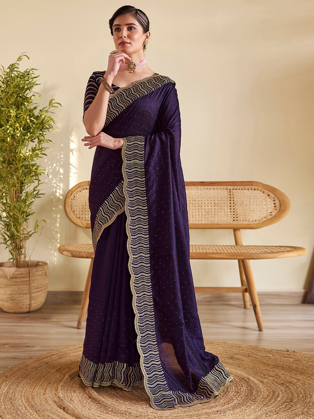 

Satrani Purple Embellished Beads and Stones Ikat Saree