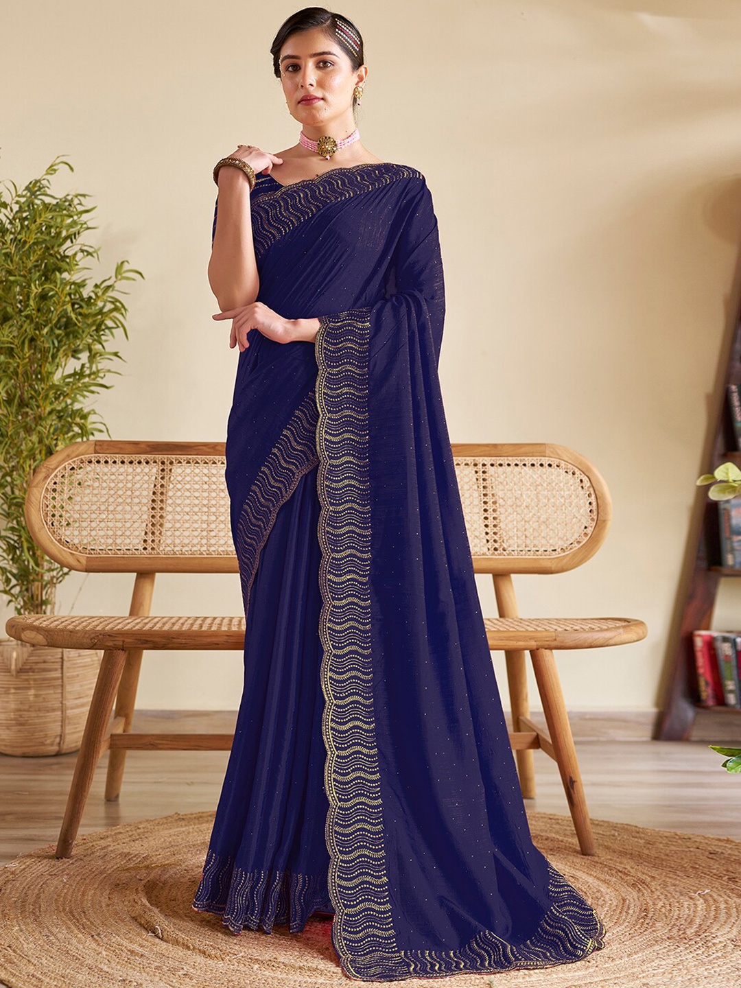 

Satrani Navy Blue Embellished Beads and Stones Ikat Saree