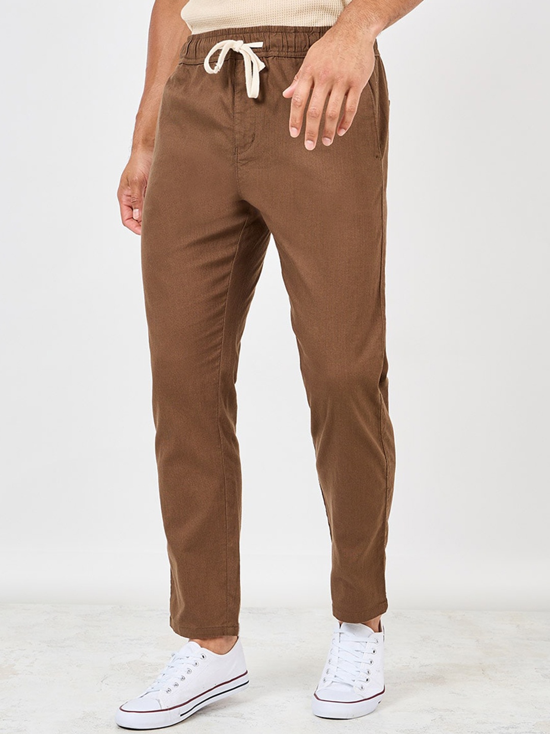 

Styli Brown Cotton Slub Relaxed Fit Trousers