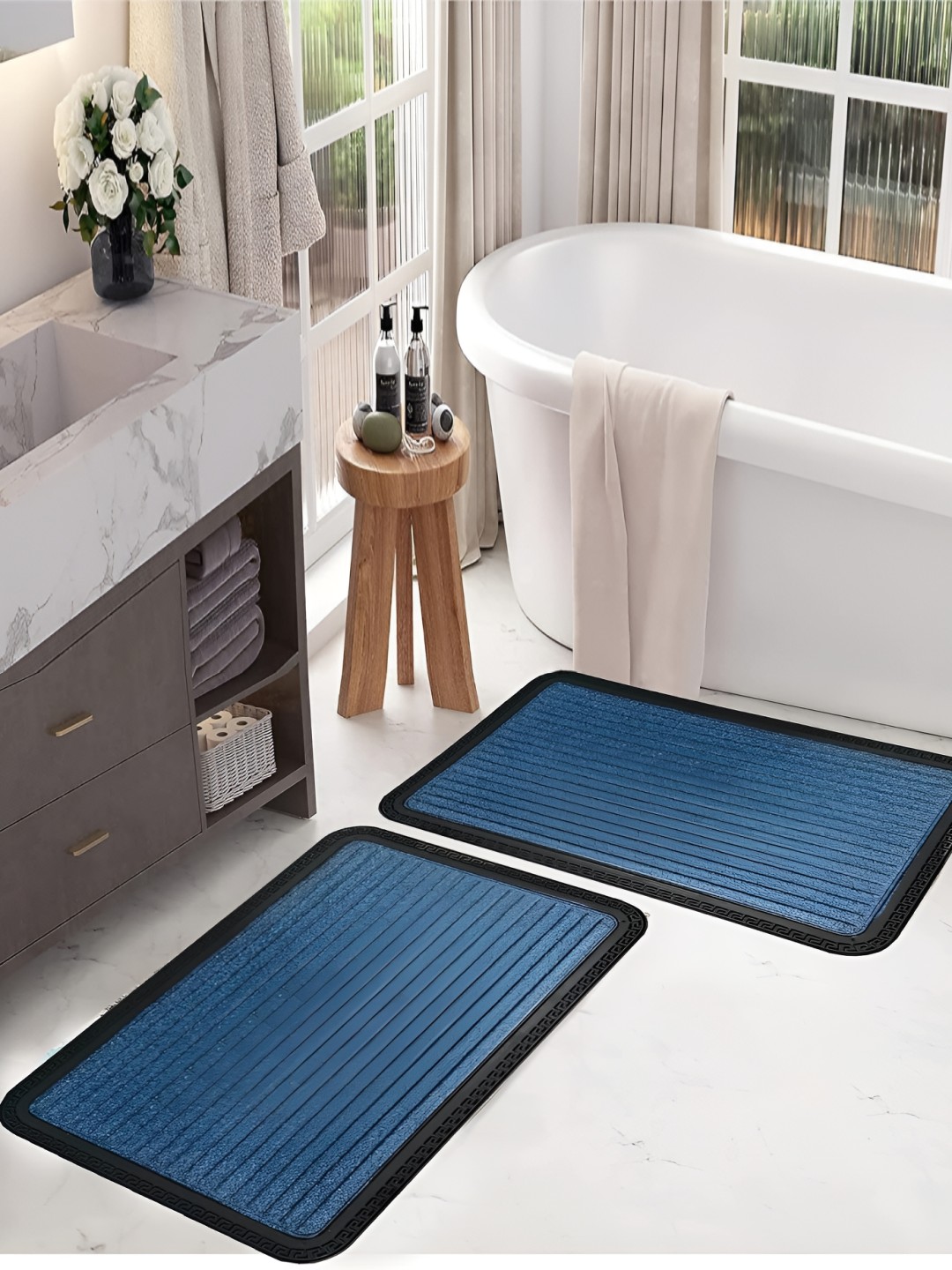 

AaHo Decor Blue & Black 2 Pcs Waterproof Anti-Skid Rubber Doormat