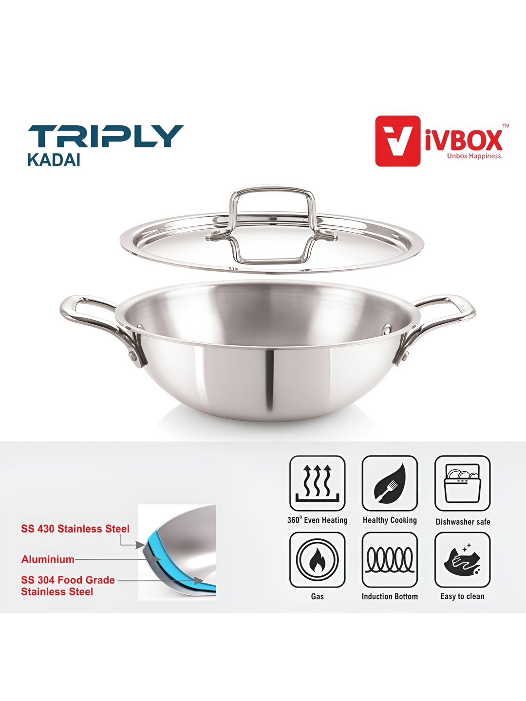 

iVBOX Silver Toned Stainless Steel Induction Base Kadhai or Wok 2 Ltr
