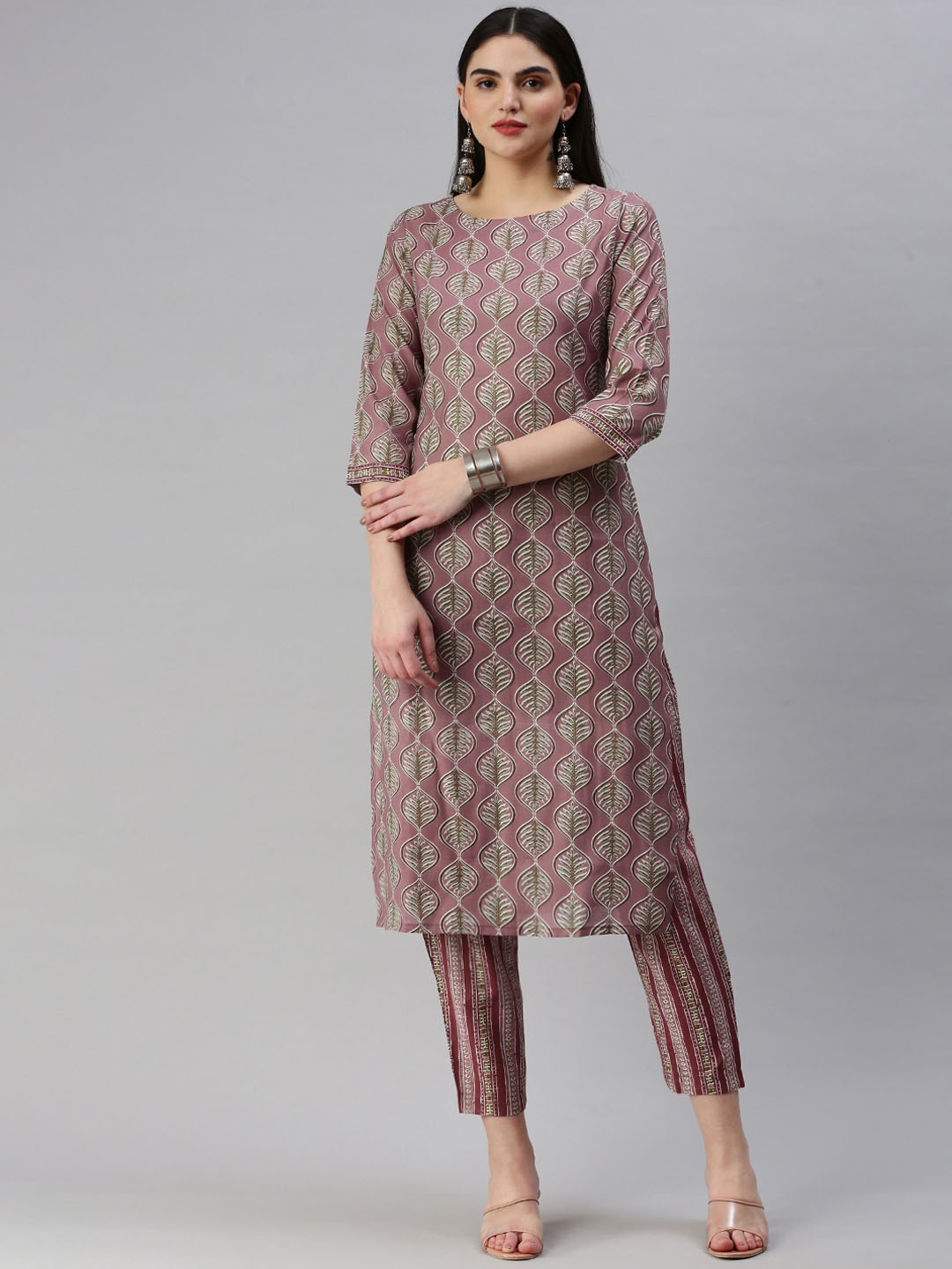 

KALINI Ethnic Motifs Printed Chanderi Cotton Straight Kurta with Trousers, Lavender