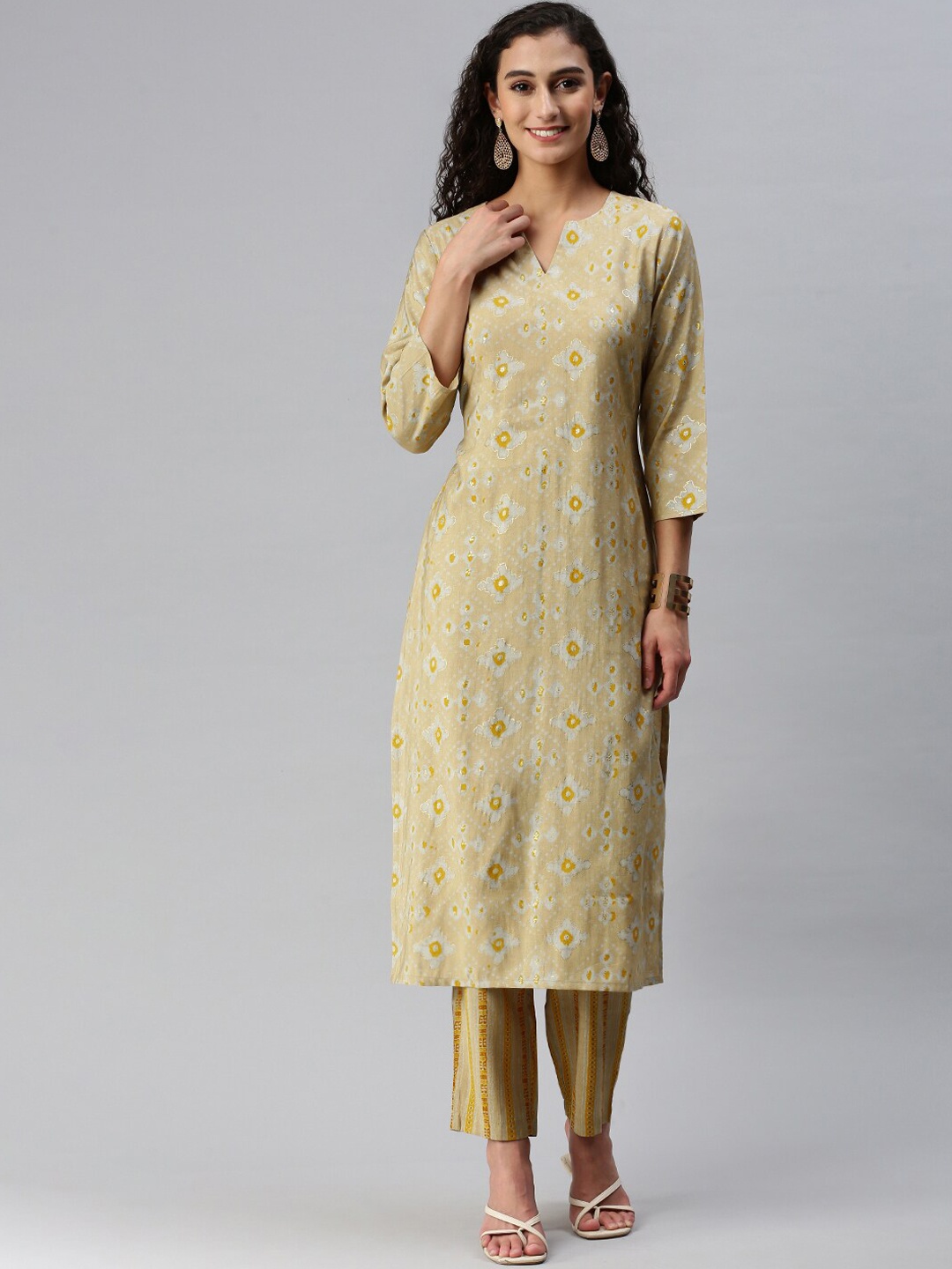 

KALINI Floral Printed Straight Chanderi Cotton Kurta with Trousers, Beige