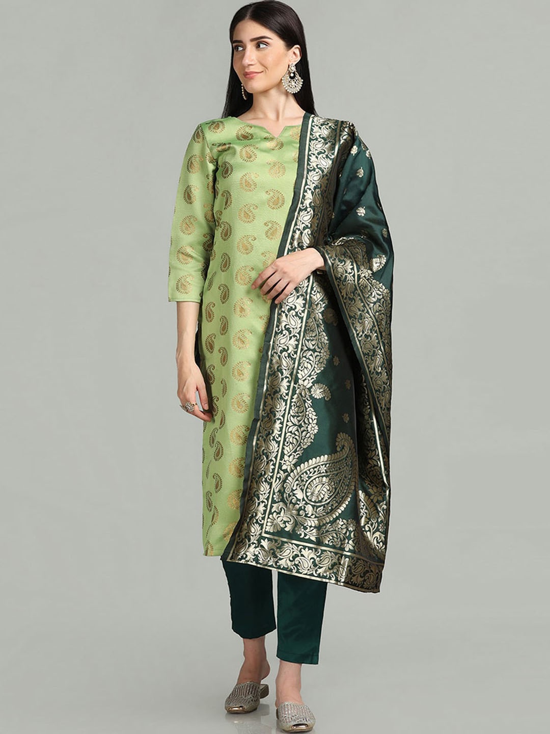 

KALINI Paisley Printed Kurta & Trousers With Dupatta, Green