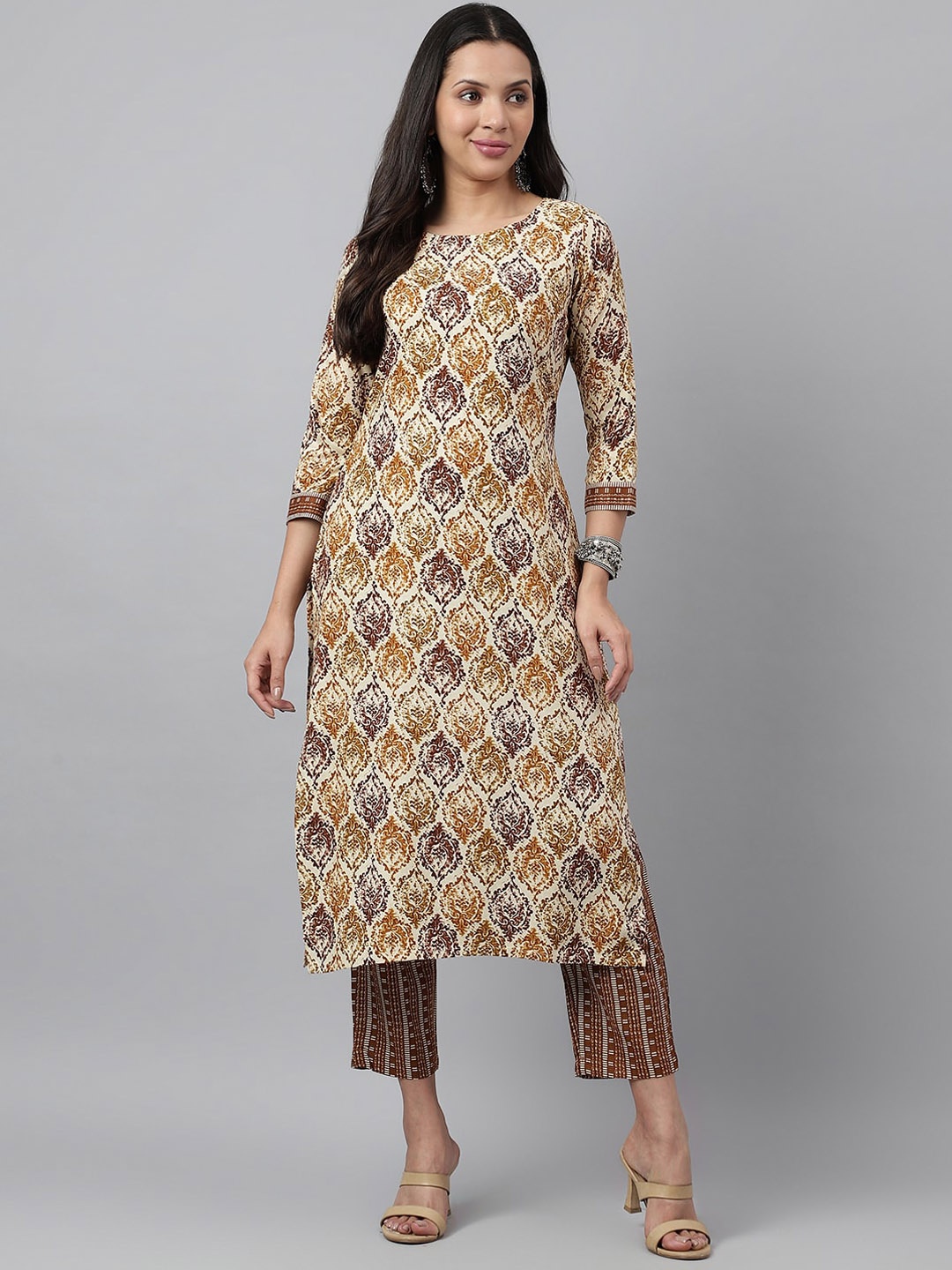 

KALINI Ethnic Motifs Printed Kurta with Trousers, Cream