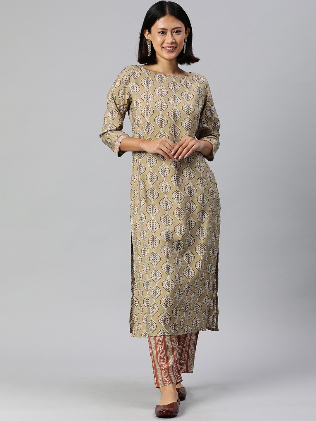 

KALINI Floral Printed Straight Chanderi Cotton Kurta with Trousers, Beige