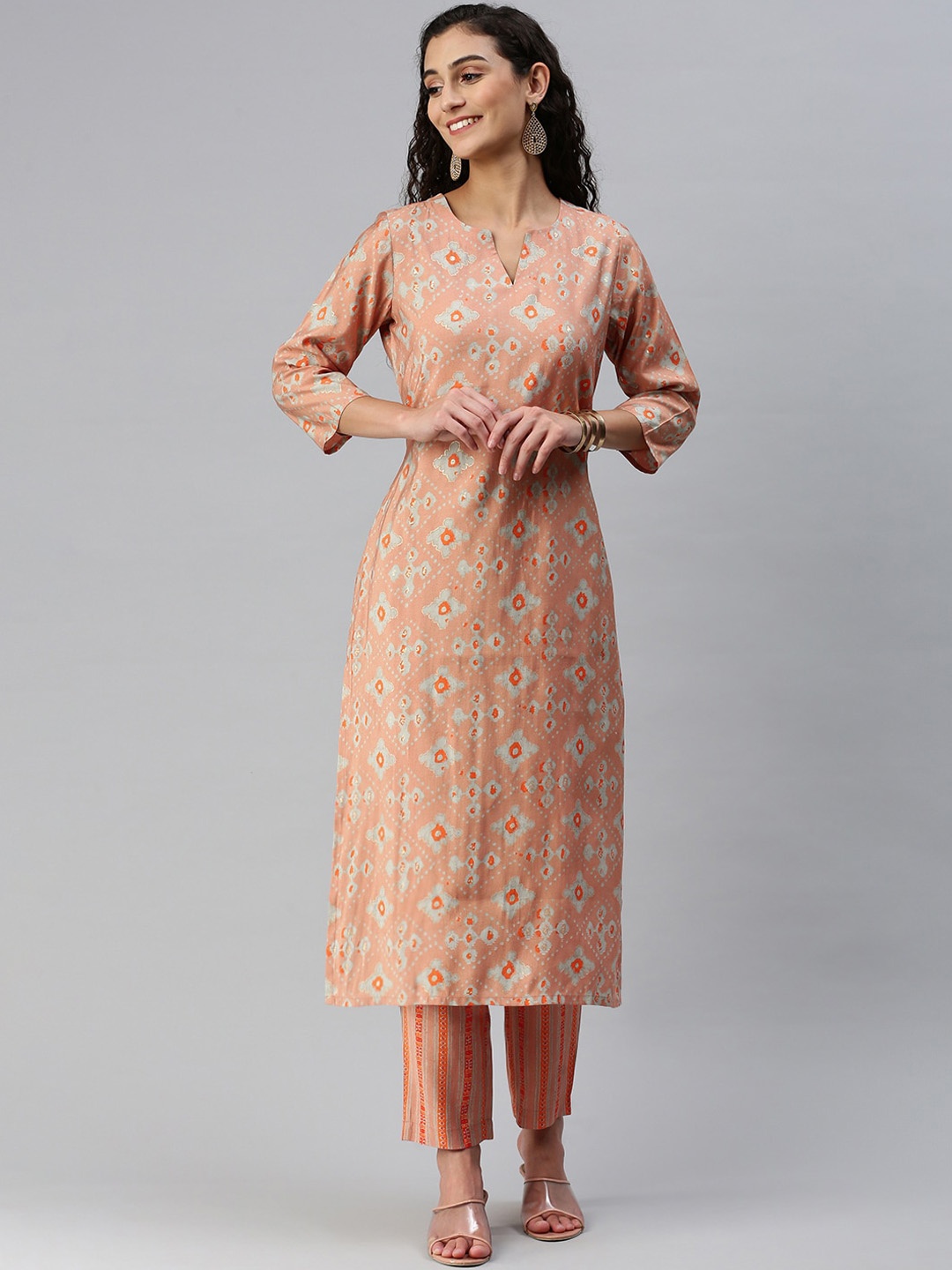 

KALINI Striped Regular Chanderi Cotton Kurta with Trousers, Peach