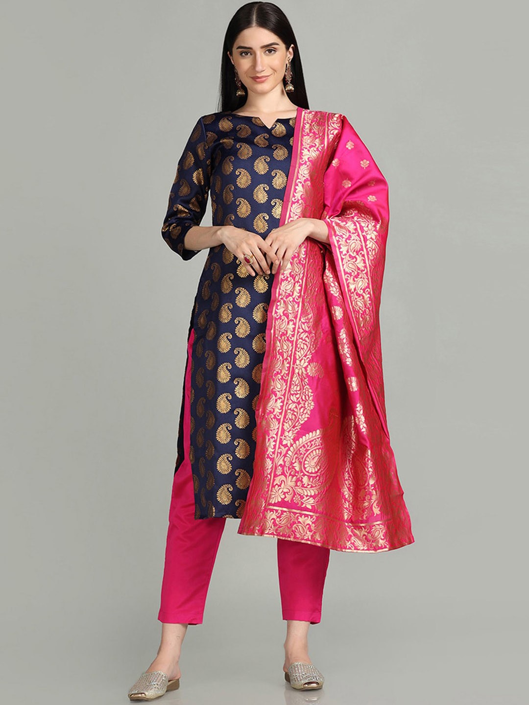 

KALINI Paisley Brocade Woven Design Straight Kurta & Trouser With Dupatta, Navy blue
